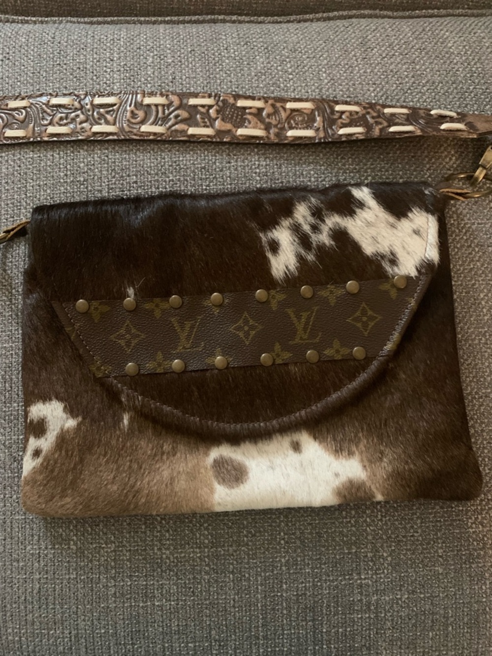 Cowhide Crossbody Clutch with Monogram Flap - Brown & White